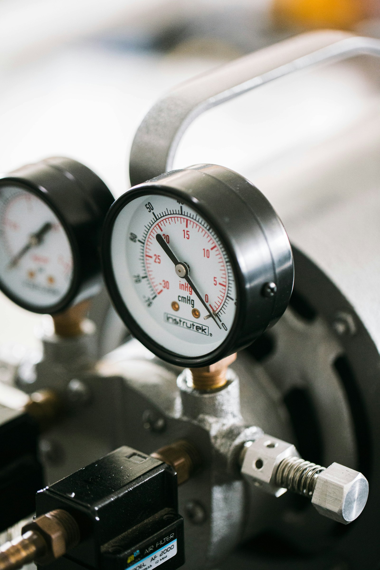 Close-up of pressure gauges used in tank and line testing